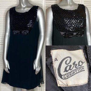 Vintage 1970s Caro Creation Black Sequined & Tulle Silk A-Line Mini Dress 6 S/M